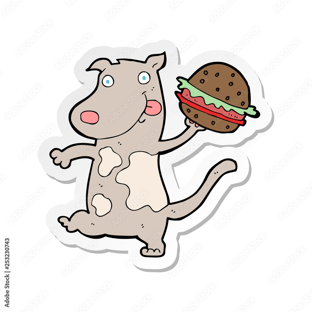 sticker of a cartoon hungry dog with burger sticker of a cartoon hungry dog with burger