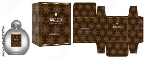 Packaging design, Label on cosmetic container with brown luxury box template and mockup box. vector illustration.