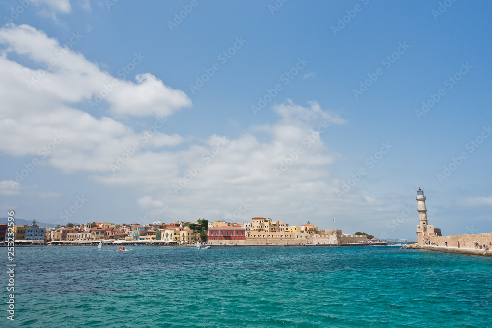 Panoramic view of the old venetian harbor with a lighthouse at Chania, island of Crete, Greece Panoramic view of the old venetian harbor with a lighthouse at Chania, island of Crete, Greece