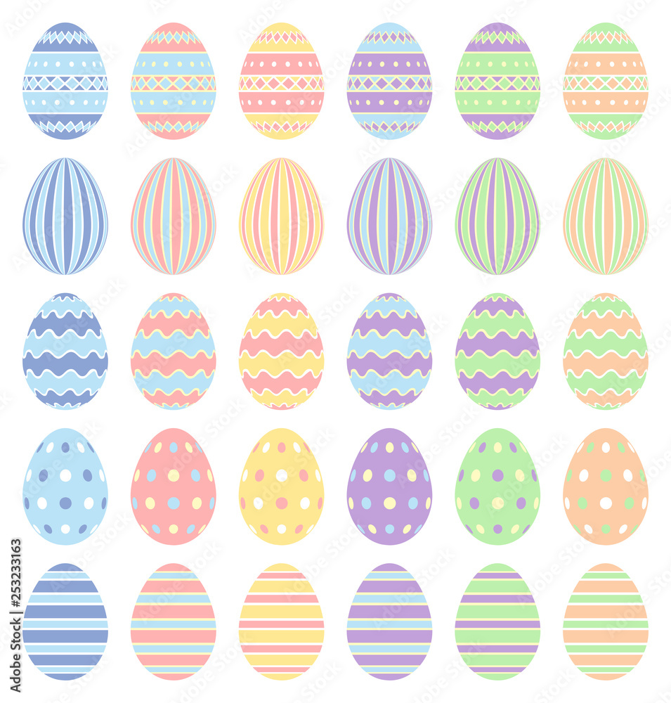 Happy Easter. Pastel collection of Easter eggs with different pattern isolated on a white background.