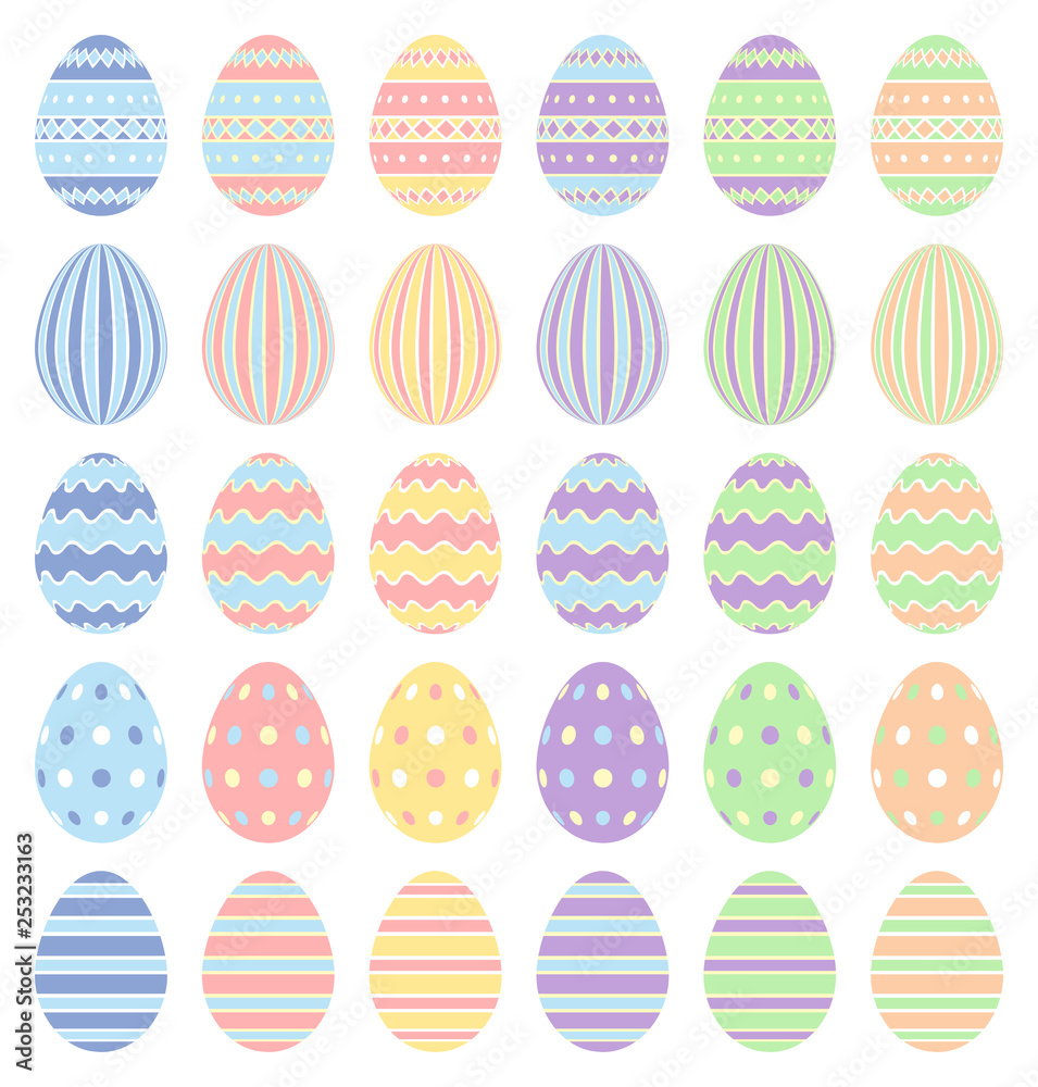 Happy Easter. Pastel collection of Easter eggs with different pattern isolated on a white background. Happy Easter. Pastel collection of Easter eggs with different pattern isolated on a white background.
