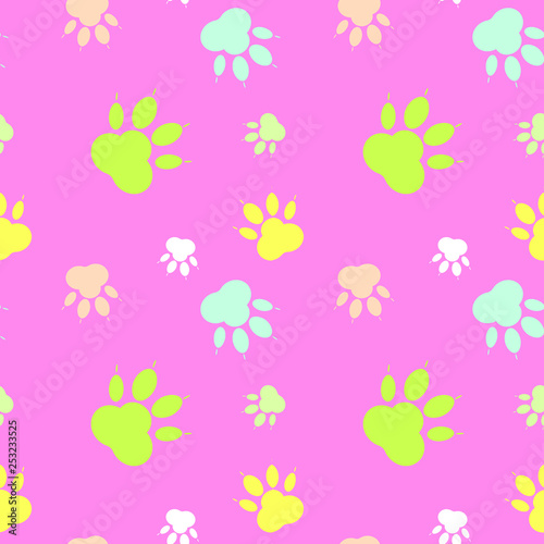 Paw pattern, seamless vector pattern silhouettes of paw, cat's feet, dog's footprint. Multicolor on pink background