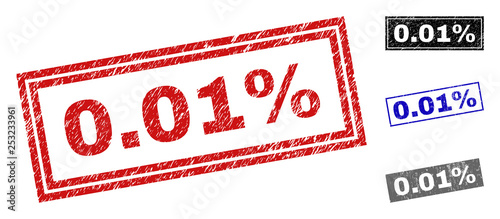 Grunge 0.01% rectangle stamp seals isolated on a white background. Rectangular seals with grunge texture in red, blue, black and gray colors. Vector rubber watermark of 0.