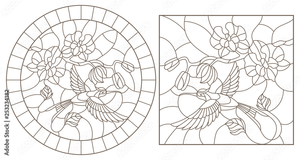 A set of contour illustrations of stained glass Windows with hummingbirds and orchids, round and rectangular images