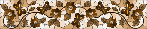 Illustration in stained glass style with abstract curly  flower and   butterfly on brown background , horizontal image, Sepia,monochrome
