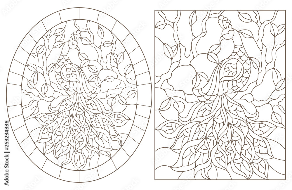 Set of contour illustrations with peacocks on a tree branch, dark outlines on a white background Set of contour illustrations with peacocks on a tree branch, dark outlines on a white background
