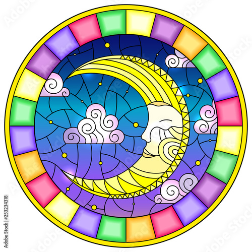 Illustration in stained glass style with moon on cloudy sky background, round image in bright frame 