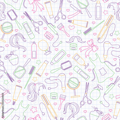 Seamless pattern on the theme of the Barber shop, the tools and accessories of the hairdresser,simple contour icons are drawn with colored markers on the clean writing-book sheet in a cage