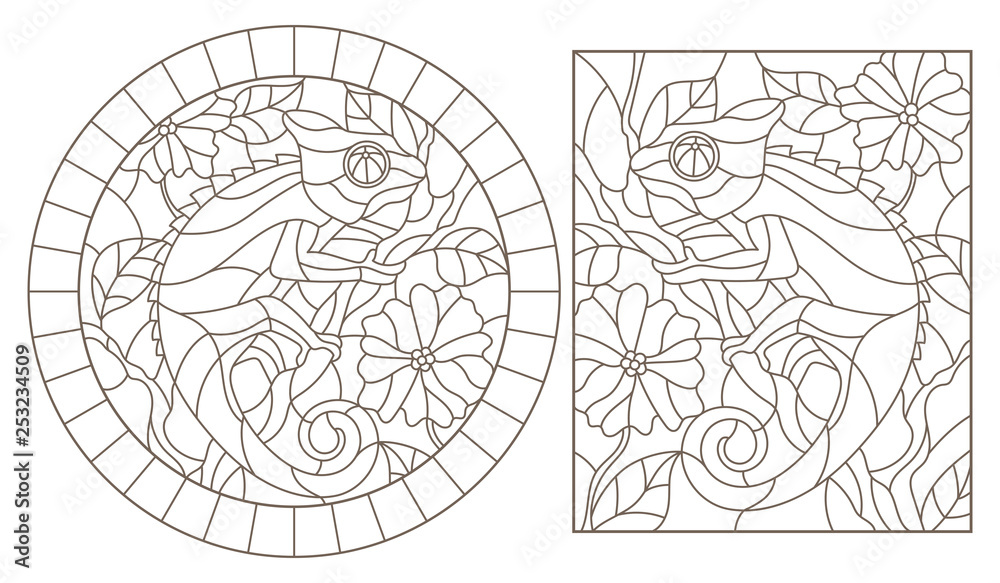 A set of contour illustrations with chameleons on the background of branches of a flowering plant, dark contours on a white background