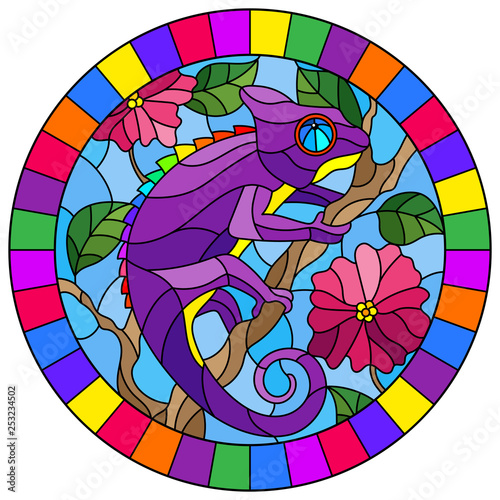 Illustration in stained glass style with bright purple chameleon on plant branches background with leaves and flowers on blue background,round image in bright frame