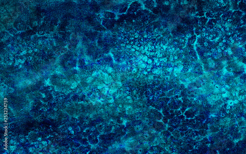 Cosmic neon light blue watercolor background. Paper textured aquarelle deep black canvas for modern creative design. Ocean foam and sea texture multicolor water color paint illustration