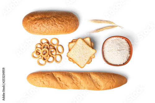 Bakery and pasta products isolated on white background. Baguette, pasta, dryings bagel, toast bread, crispbreads and bread.