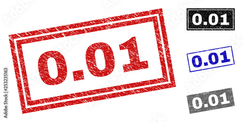 Grunge 0.01 rectangle stamp seals isolated on a white background. Rectangular seals with distress texture in red, blue, black and gray colors. Vector rubber imitation of 0.