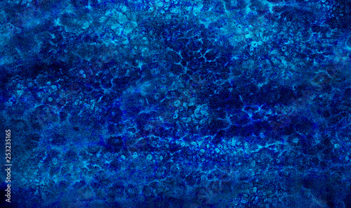 Cosmic neon light blue watercolor background. Paper textured aquarelle deep black canvas for modern creative design. Ocean foam and sea texture multicolor water color paint illustration