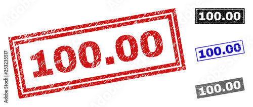Grunge 100.00 rectangle stamp seals isolated on a white background. Rectangular seals with distress texture in red, blue, black and gray colors. Vector rubber overlay of 100.