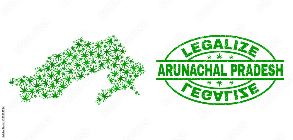 Vector cannabis Arunachal Pradesh State map collage and grunge textured Legalize stamp seal. Concept with green weed leaves. Concept for cannabis legalize campaign.
