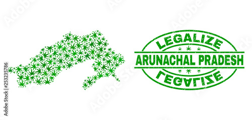 Vector cannabis Arunachal Pradesh State map collage and grunge textured Legalize stamp seal. Concept with green weed leaves. Concept for cannabis legalize campaign.