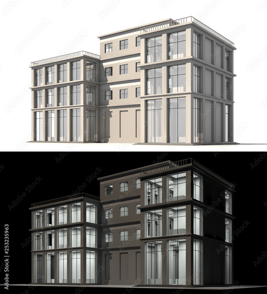 Modern building with large windows. Day and night view. 3d illustration, isolate