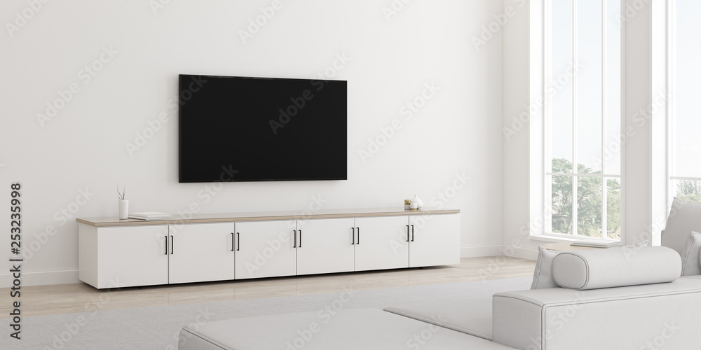 View of white living room in minimal style with furniture on bright laminate floor.Interior design with TV and cabinet.on white wall, 3d rendering. View of white living room in minimal style with furniture on bright laminate floor.Interior design with TV and cabinet.on white wall, 3d rendering.