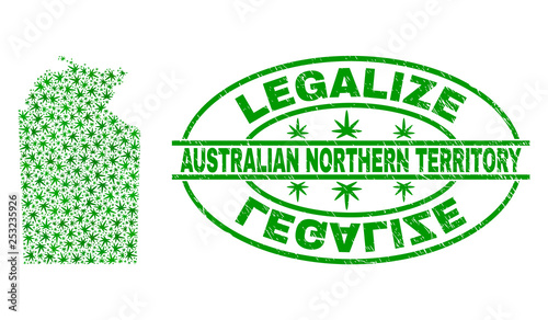 Vector marijuana Australian Northern Territory map mosaic and grunge textured Legalize stamp seal. Concept with green weed leaves. Concept for cannabis legalize campaign.