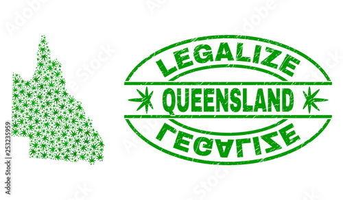 Vector cannabis Australian Queensland map mosaic and grunge textured Legalize stamp seal. Concept with green weed leaves. Template for cannabis legalize campaign.