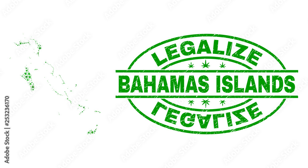 Vector cannabis Bahamas Islands map collage and grunge textured Legalize stamp seal. Concept with green weed leaves. Concept for cannabis legalize campaign.