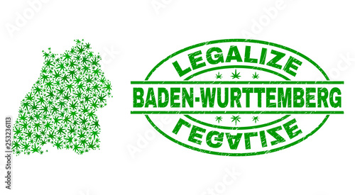 Vector cannabis Baden-Wurttemberg Land map mosaic and grunge textured Legalize stamp seal. Concept with green weed leaves. Concept for cannabis legalize campaign.