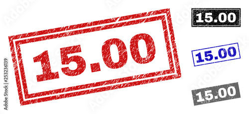 Grunge 15.00 rectangle stamp seals isolated on a white background. Rectangular seals with grunge texture in red, blue, black and gray colors. Vector rubber imitation of 15.