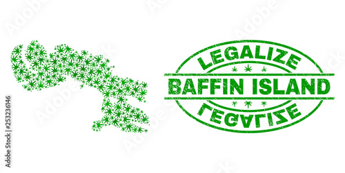 Vector cannabis Baffin Island map collage and grunge textured Legalize stamp seal. Concept with green weed leaves. Concept for cannabis legalize campaign.