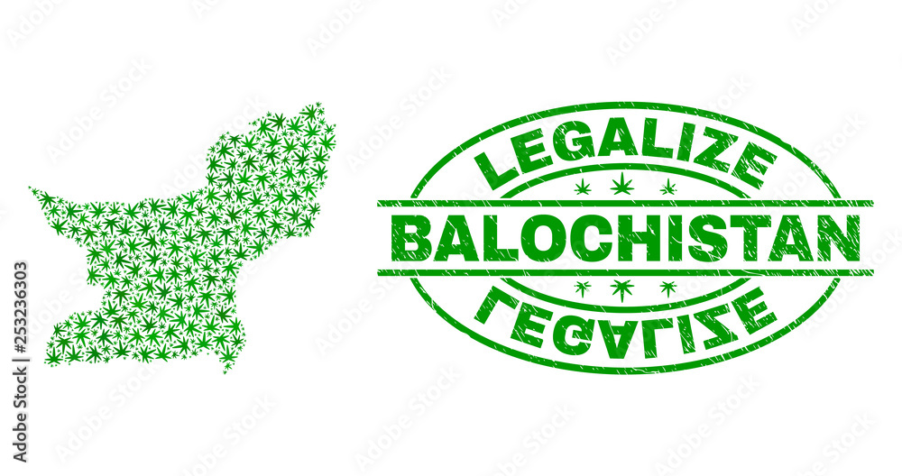 Vector cannabis Balochistan Province map mosaic and grunge textured Legalize stamp seal. Concept with green weed leaves. Template for cannabis legalize campaign.