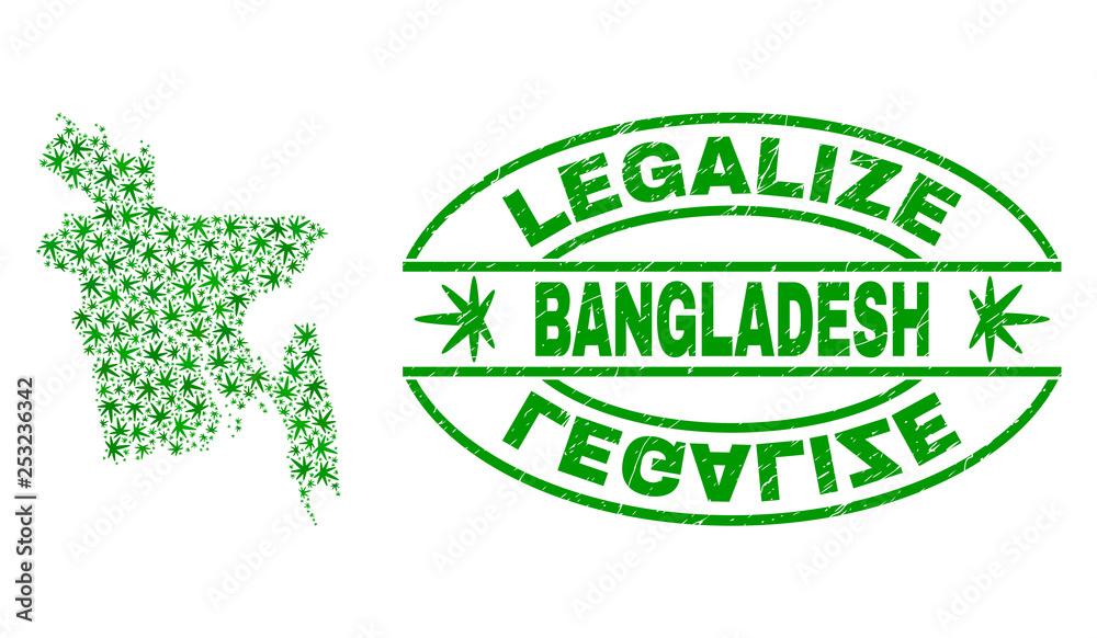 Vector cannabis Bangladesh map mosaic and grunge textured Legalize stamp seal. Concept with green weed leaves. Concept for cannabis legalize campaign.