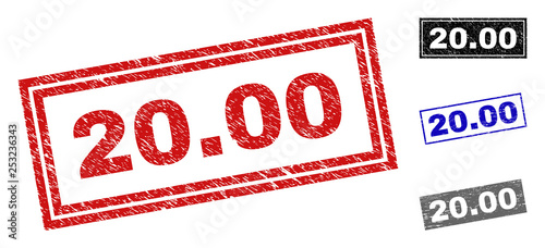 Grunge 20.00 rectangle stamp seals isolated on a white background. Rectangular seals with grunge texture in red, blue, black and gray colors. Vector rubber imitation of 20.