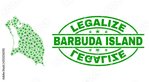 Vector cannabis Barbuda Island map collage and grunge textured Legalize stamp seal. Concept with green weed leaves. Template for cannabis legalize campaign.
