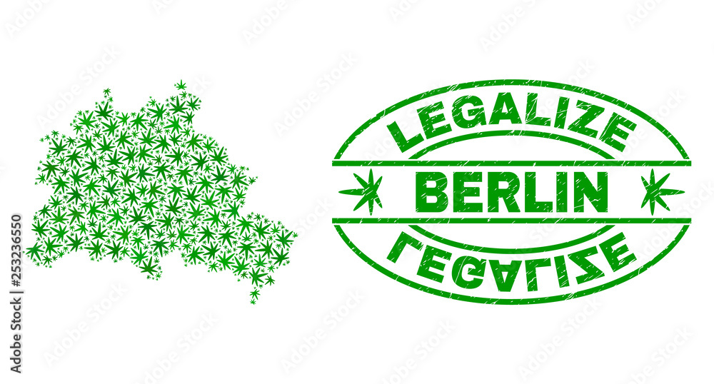 Vector marijuana Berlin City map collage and grunge textured Legalize stamp seal. Concept with green weed leaves. Concept for cannabis legalize campaign.