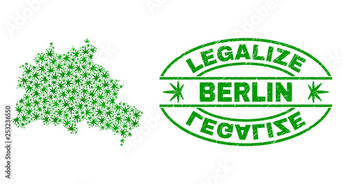 Vector marijuana Berlin City map collage and grunge textured Legalize stamp seal. Concept with green weed leaves. Concept for cannabis legalize campaign.