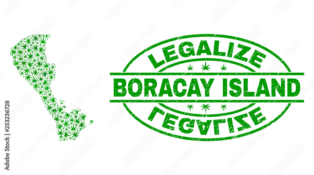 Vector cannabis Boracay Island map mosaic and grunge textured Legalize stamp seal. Concept with green weed leaves. Concept for cannabis legalize campaign.