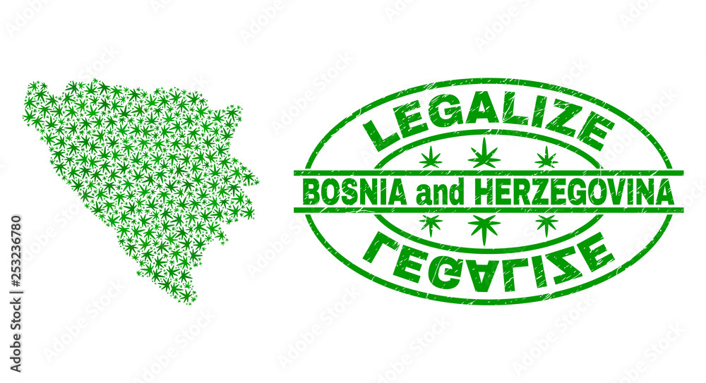 Vector cannabis Bosnia and Herzegovina map collage and grunge textured Legalize stamp seal. Concept with green weed leaves. Concept for cannabis legalize campaign.