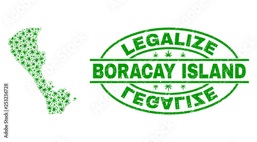 Vector cannabis Boracay Island map mosaic and grunge textured Legalize stamp seal. Concept with green weed leaves. Concept for cannabis legalize campaign.