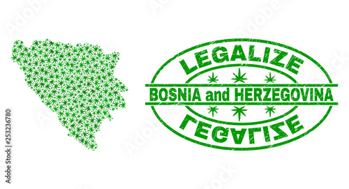 Vector cannabis Bosnia and Herzegovina map collage and grunge textured Legalize stamp seal. Concept with green weed leaves. Concept for cannabis legalize campaign.