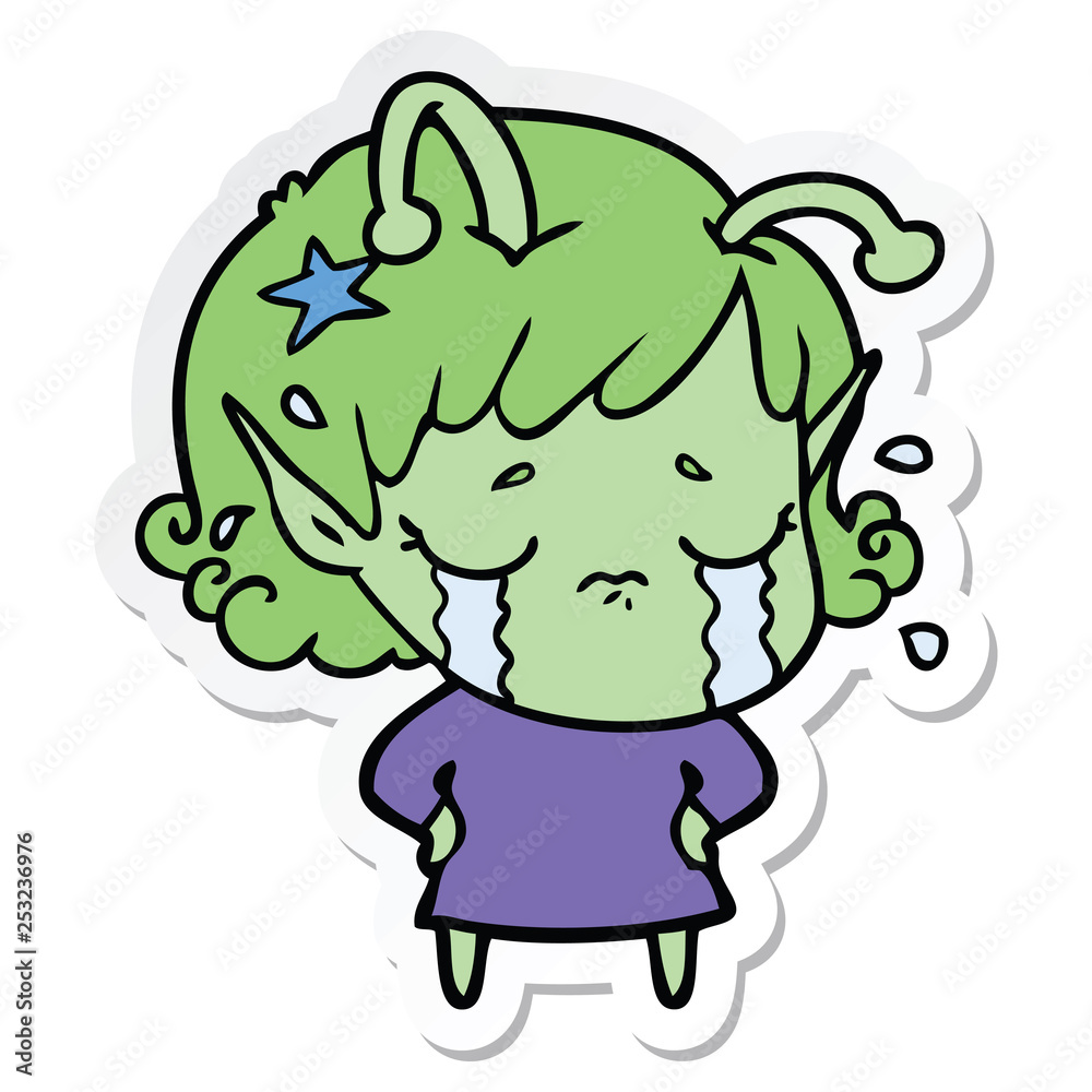 sticker of a cartoon crying alien girl sticker of a cartoon crying alien girl