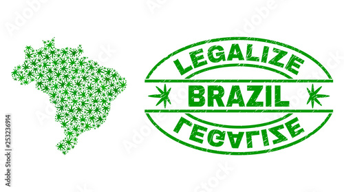 Vector cannabis Brazil map mosaic and grunge textured Legalize stamp seal. Concept with green weed leaves. Template for cannabis legalize campaign. Vector Brazil map is formed with weed leaves.