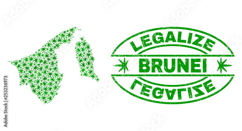 Vector marijuana Brunei map collage and grunge textured Legalize stamp seal. Concept with green weed leaves. Concept for cannabis legalize campaign. Vector Brunei map is designed with cannabis leaves.