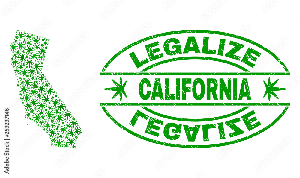 Vector cannabis California State map collage and grunge textured Legalize stamp seal. Concept with green weed leaves. Concept for cannabis legalize campaign.