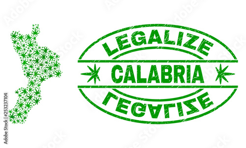Vector marijuana Calabria region map collage and grunge textured Legalize stamp seal. Concept with green weed leaves. Concept for cannabis legalize campaign.