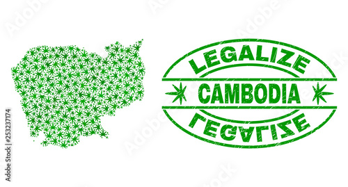 Vector cannabis Cambodia map collage and grunge textured Legalize stamp seal. Concept with green weed leaves. Concept for cannabis legalize campaign.