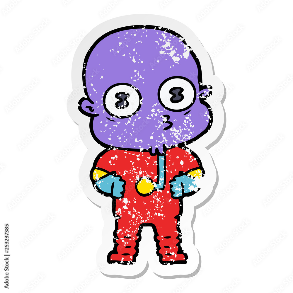 Naklejka premium distressed sticker of a cartoon weird bald spaceman