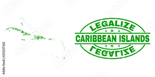 Vector marijuana Caribbean Islands map collage and grunge textured Legalize stamp seal. Concept with green weed leaves. Concept for cannabis legalize campaign.
