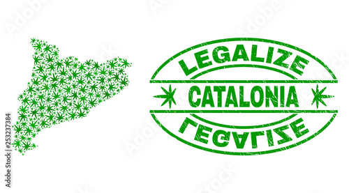 Vector cannabis Catalonia map collage and grunge textured Legalize stamp seal. Concept with green weed leaves. Template for cannabis legalize campaign.