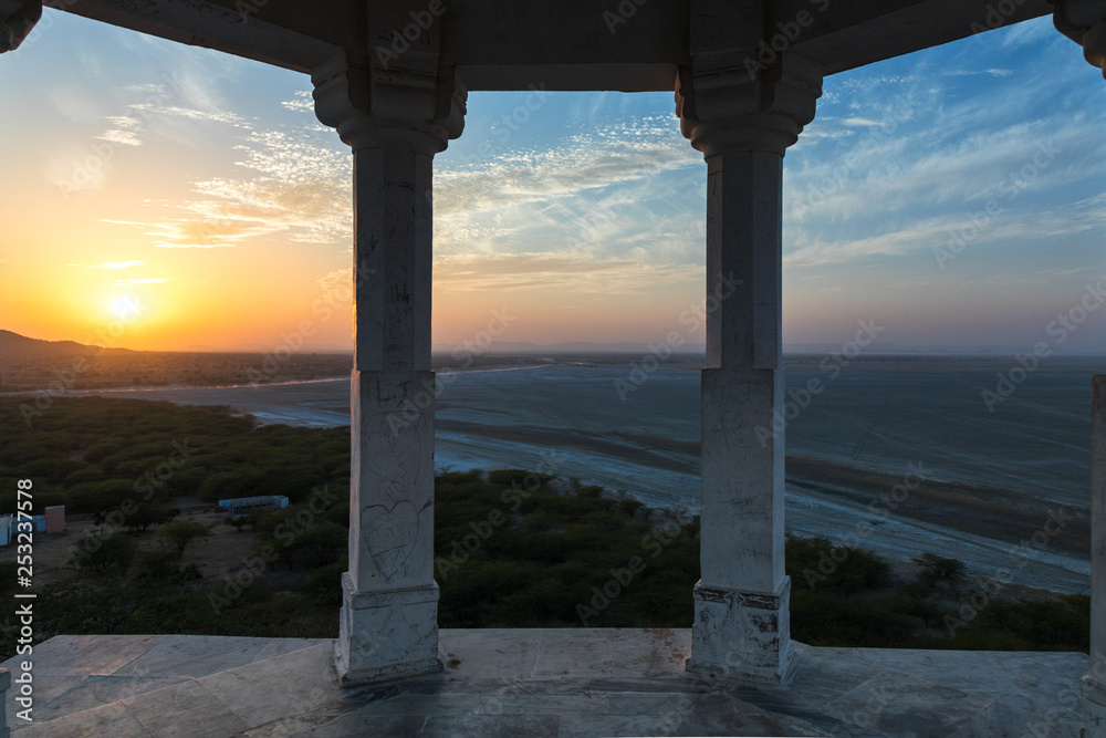 Amazing sunset captured from the top view point from a stone structure of vantage point at Sambhar lake, Rajasthan