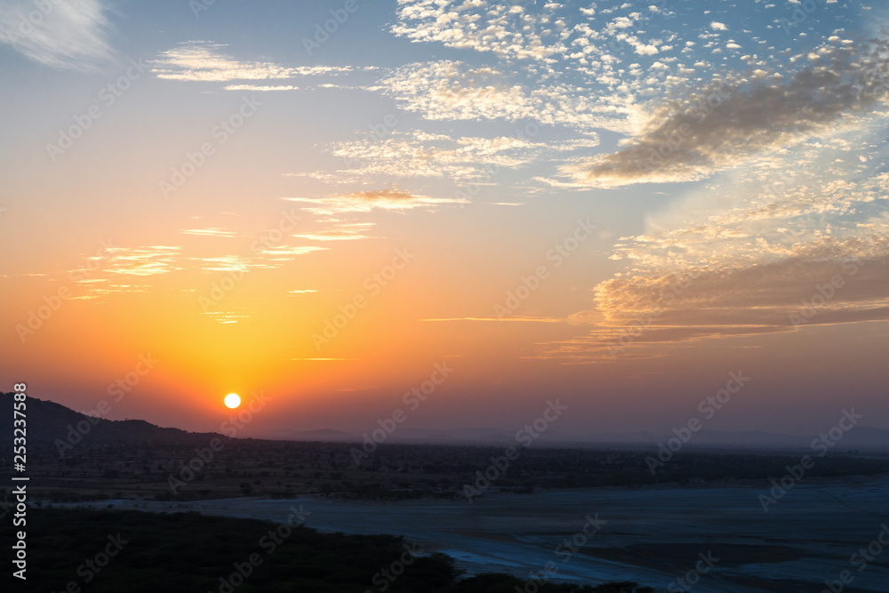 Amazing sunset captured from the top view point from a stone structure of vantage point at Sambhar lake, Rajasthan